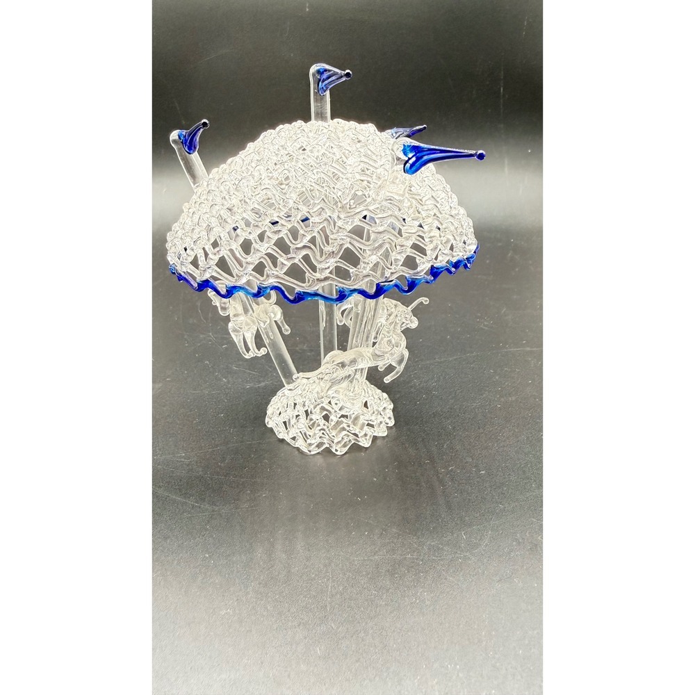 Vintage Spun Glass Carousel Figurine Cobalt Blue Trim Woven Glass Merry Go Round